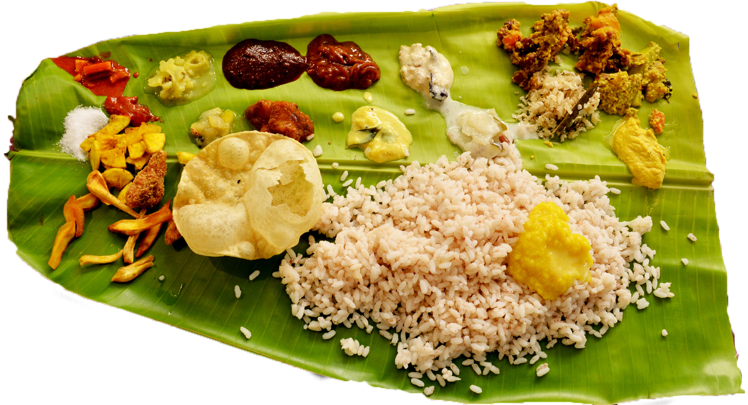 banana leaf plate with vegetarian indian food
