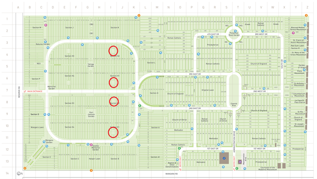 Map of Cheltenham Memorial Park with marked areas (red circles) showing where garden works will take place