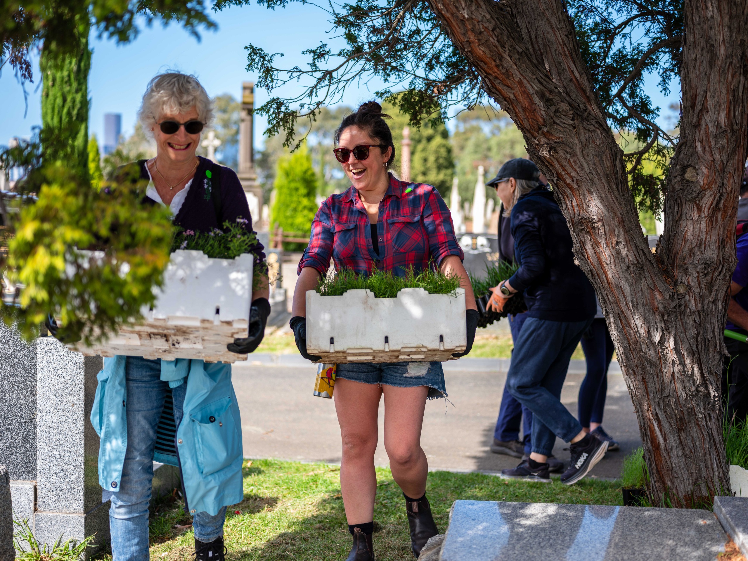 Two smiling women carrying boxes of seedlings as part of a community planting day at Melbourne General Cemetery