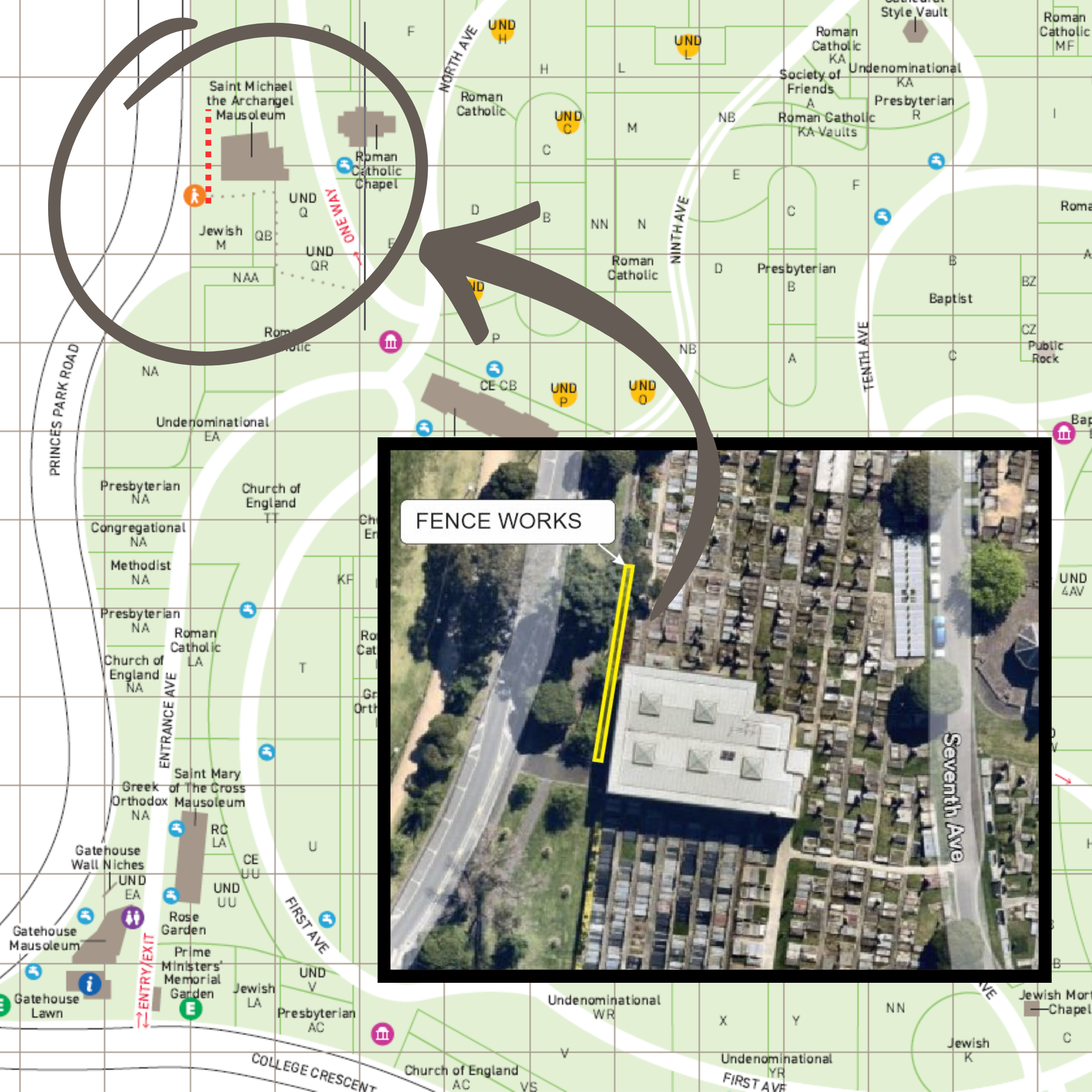 aerial map view of cemetery